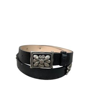Garuglieri Italy Black Leather Floral Concho Belt Silver Flower Buckle Style 16